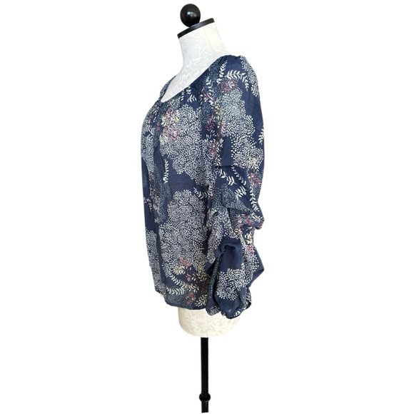 Patrizia Luca Milano Blouse Peasant Floral Navy Blue Ruffled 3/4 Sleeves Size L - Picture 6 of 12